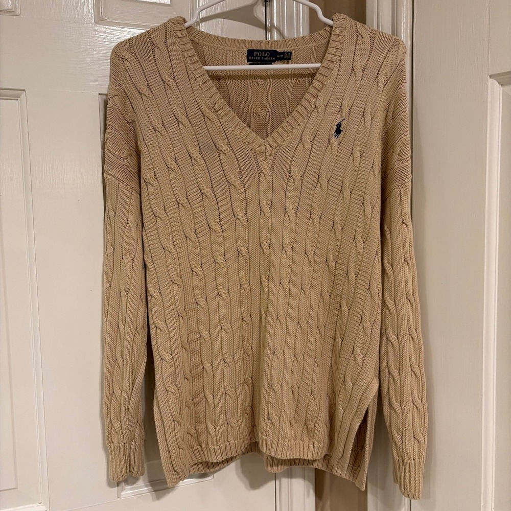 Polo Ralph Lauren Womens Cable Knit V-Neck Sweater Tan M Pima Cotton